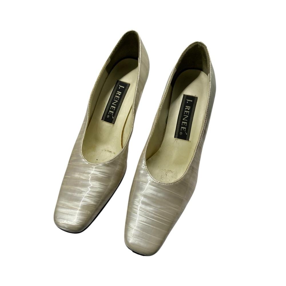 J RENEE White OPALESCENT MOP Mother of Pearl Shimmer 2" Block Heel Pumps Sz 7.5
